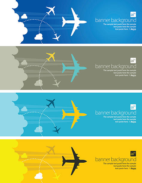 Travel abstract banner Vector banner set of crisscrossing lines of multiple passenger planes on the way to their locations. Empty white for you edit info. EPS10 ai file format. airplane flying cirrus sky stock illustrations