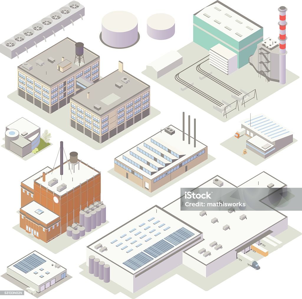 Isometric Industrial Buildings A set of high-detail icons includes illustrations of factories, a power plant, warehouses, small industry, large industry, tanks, and other equipment. Vectors are provided in isometric view. Factory stock vector