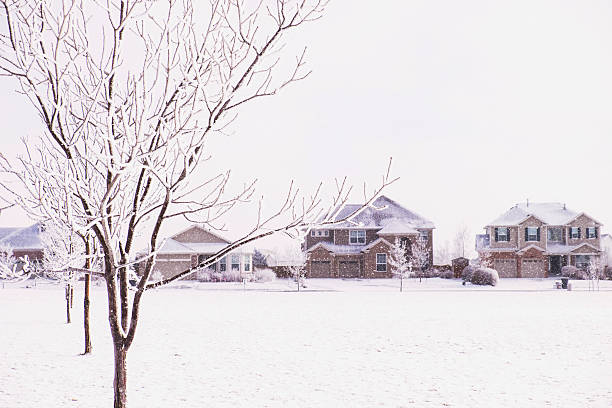 House with frost on the trees in the garden
