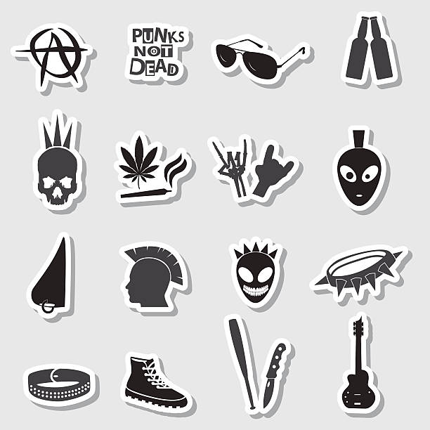 illustrations, cliparts, dessins animés et icônes de ensemble d'autocollants différents noir punk eps10 - hard liquor