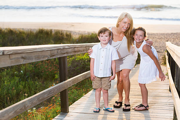 matka i dzieci na plaży boardwalk - beach family boardwalk footpath zdjęcia i obrazy z banku zdjęć