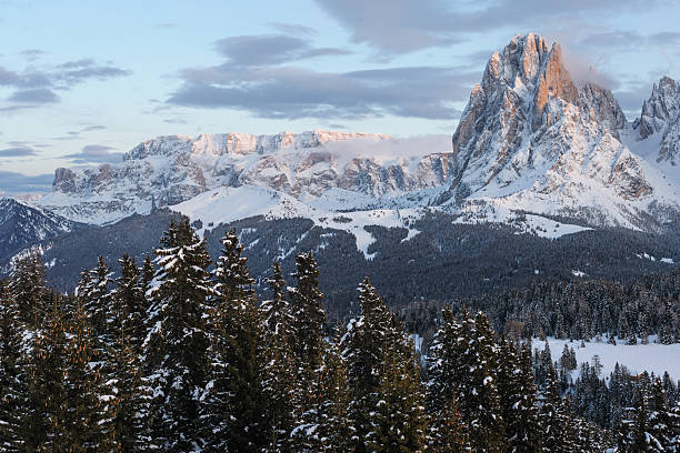 istock Sella massif and Sasslong around sunset in Winter 531360273