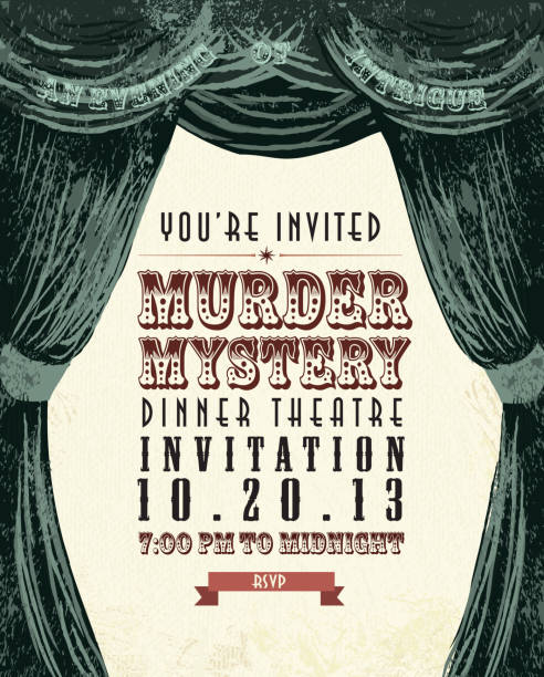 Vintage style vector illustration of a Murder Mystery Dinner Theatre invitation design template. Light background with stage curtain. Includes sample text and design elements. Download includes Illustrator 8 eps, high resolution jpg and png file.