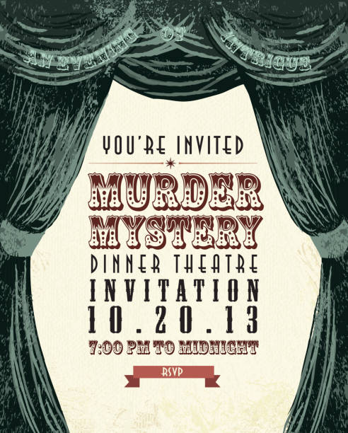 Murder Mystery Dinner Theatre invitation template vintage design Vintage style vector illustration of a Murder Mystery Dinner Theatre invitation design template. Light background with stage curtain. Includes sample text and design elements. Download includes Illustrator 8 eps, high resolution jpg and png file. stage theater illustrations stock illustrations