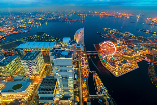 Aerial night view of Yokohama Cityscape and bay at Minato Mirai waterfront district from yokohama landmark tower