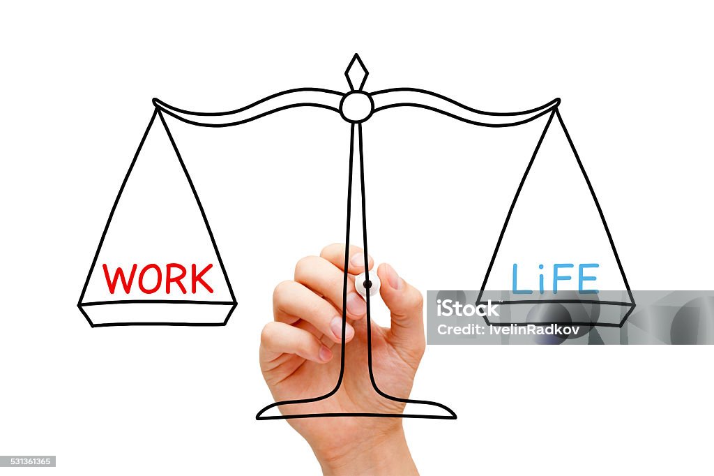 Work Life Balance Scale Concept Hand drawing Work Life balance scale concept with black marker on transparent wipe board isolated on white. Single Word Stock Photo