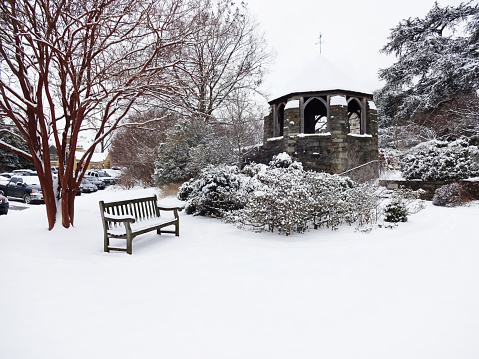 Photo of snow at the National Cathedral grounds in Washington DC in January.  Three inches of snow fell for the first snow storm of 2015.