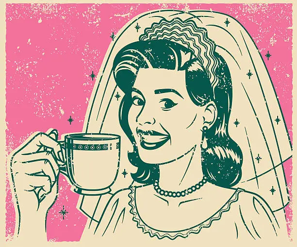 Vector illustration of Retro Screen Print Bride with Coffee