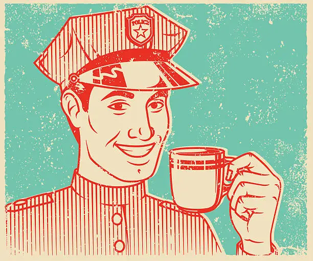 Vector illustration of Retro Screen Print Policeman Drinking Coffee