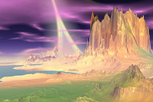 istock 3D rendered fantasy alien planet. Rocks and lake 531374019
