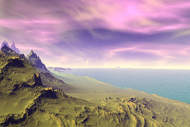 istock 3D rendered fantasy alien planet. Rocks and lake 531374025