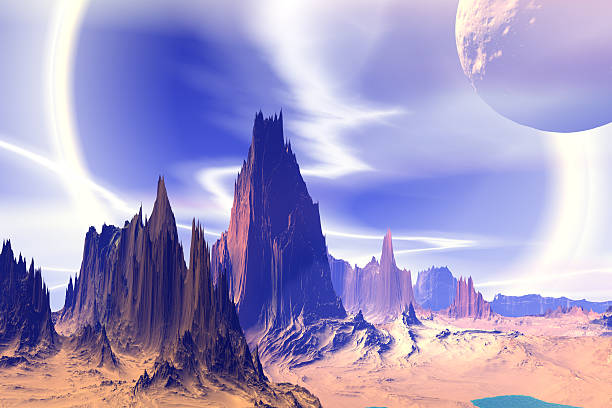 istock 3D rendered fantasy alien planet. Rocks and  moon 531382189