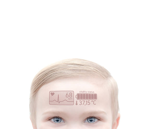 modern healthy concept - 2 year-old child with health data on the forehead.