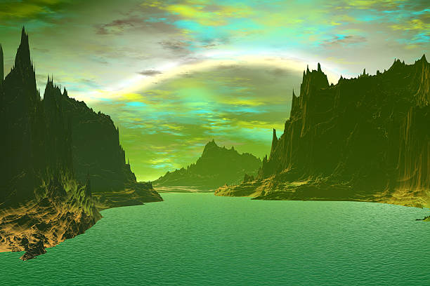istock 3D rendered fantasy alien planet. Rocks and lake 531382563