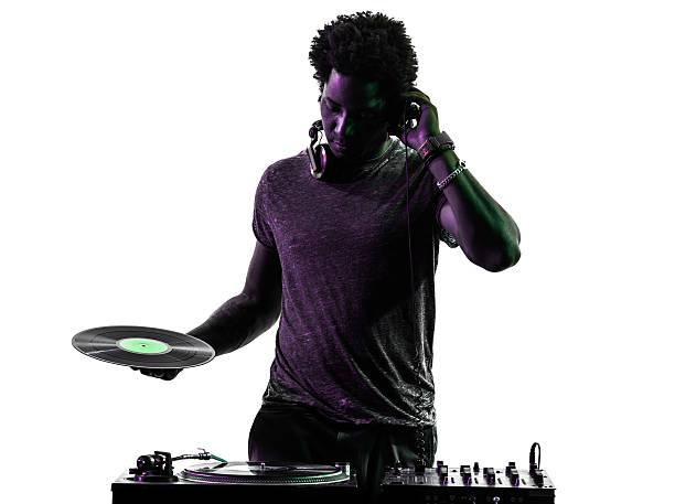 disc jockey man silhouette one disc jockey man in silhouette on white background dj stock pictures, royalty-free photos & images