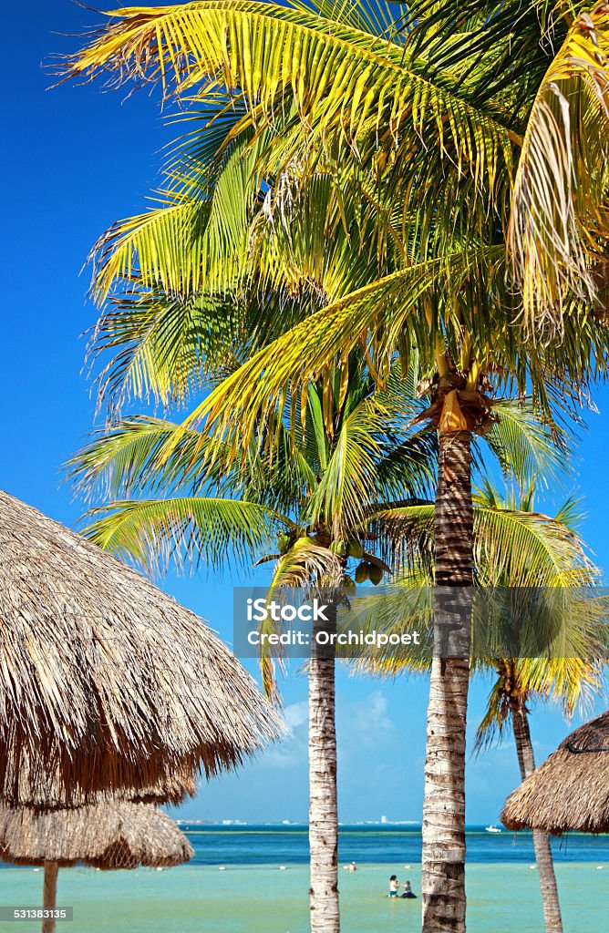 Seaside Resort Cancun beach resort with tourists and beautiful Caribbean Sea background. 2015 Stock Photo