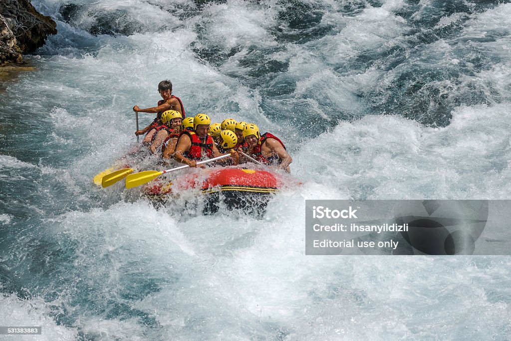 Rafting on White Water Antalya, Turkey - August 7, 2011: - August 07, 2011: A group of people rafting on Koprucay River that is one of the most popular place for rafting in Turkey.Koprucay River runs to the Mediterranean Sea through straight canyons of Tourus Mountains. 2015 Stock Photo