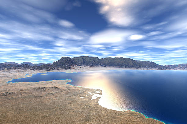 istock 3D rendered fantasy alien planet. Rocks and lake 531386177