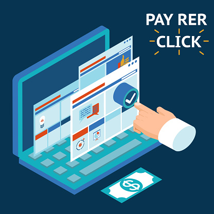 Pay per click, infographics illustration. Touch your finger to the screen of a laptop