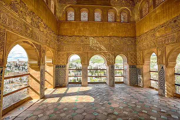 Archways in Palacio de Generalife at Alhambra di Granada,  Andalusia, Spain. This site is known as one of the most beautiful in the world and is a Unesco heritage.