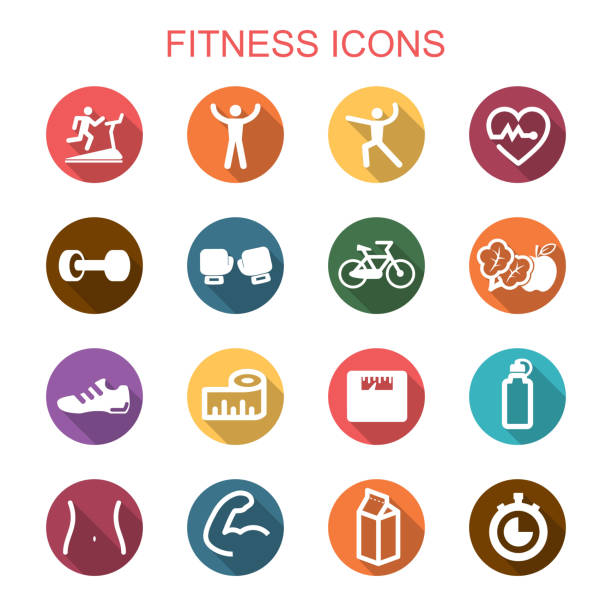 fitness long shadow icons fitness long shadow icons, flat vector symbols eating body building muscular build vegetable stock illustrations