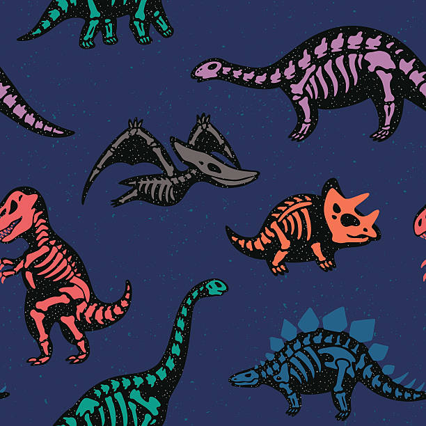 Süße nahtloses Muster mit lustige Dinosaurier-Skelette im Comic-Stil – Vektorgrafik