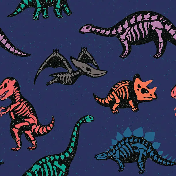 Vector illustration of Adorable seamless pattern with funny dinosaur skeletons in cartoon style