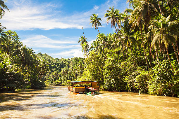 istock Exotic cruise boat with tourists on jungle river Loboc, Bohol 531401461