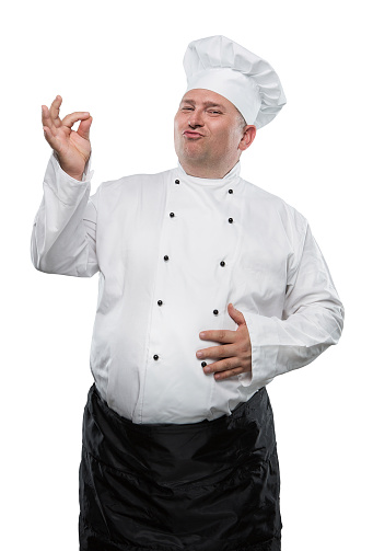 Funny overweight chef showing ok isolated on white background