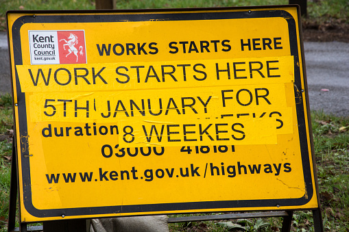Maidstone, Kent UK - January 6, 2015: This road sign in Maidstone Kent UK has a spelling mistake. The sign placed by Kent County Council has the word \
