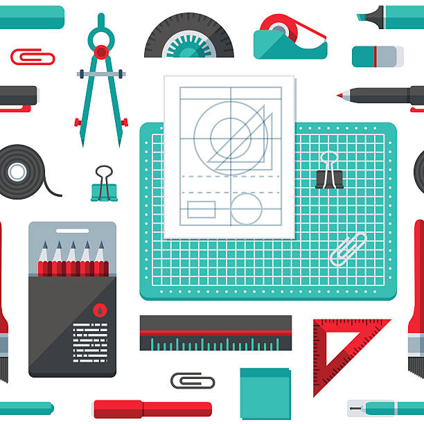 ilustraciones, imágenes clip art, dibujos animados e iconos de stock de la elaboración de diseño plano patrón - drafting symbol pencil plan