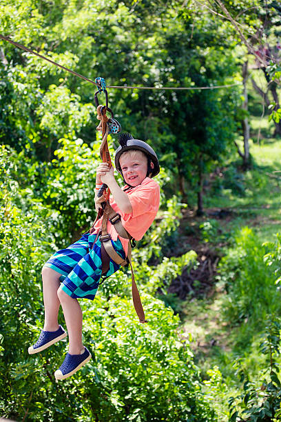 istock Little boy riding a zip line in a lush tropical forest 531405230