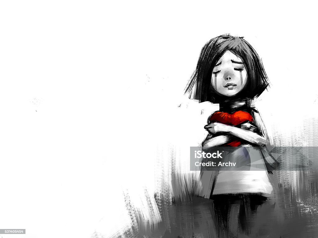 Digital Painting Of Girl Crying With Red Heart Stock Illustration ...