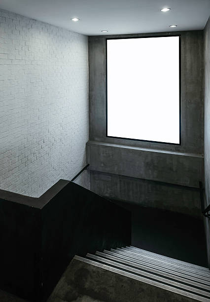 istock Blank Banner Mock up light box Sign indoor with stairs 531408172