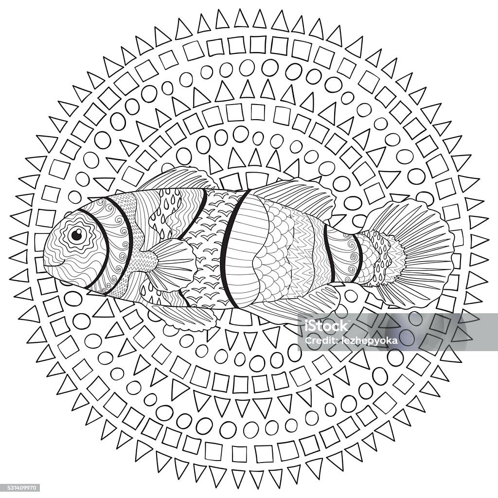 Clownfish with high details. Clownfish with high details. Adult antistress coloring page. Black white hand drawn doodle oceanic animal. Sketch for tattoo, poster, print, t-shirt in doodle style. Vector illustration. Abstract stock vector