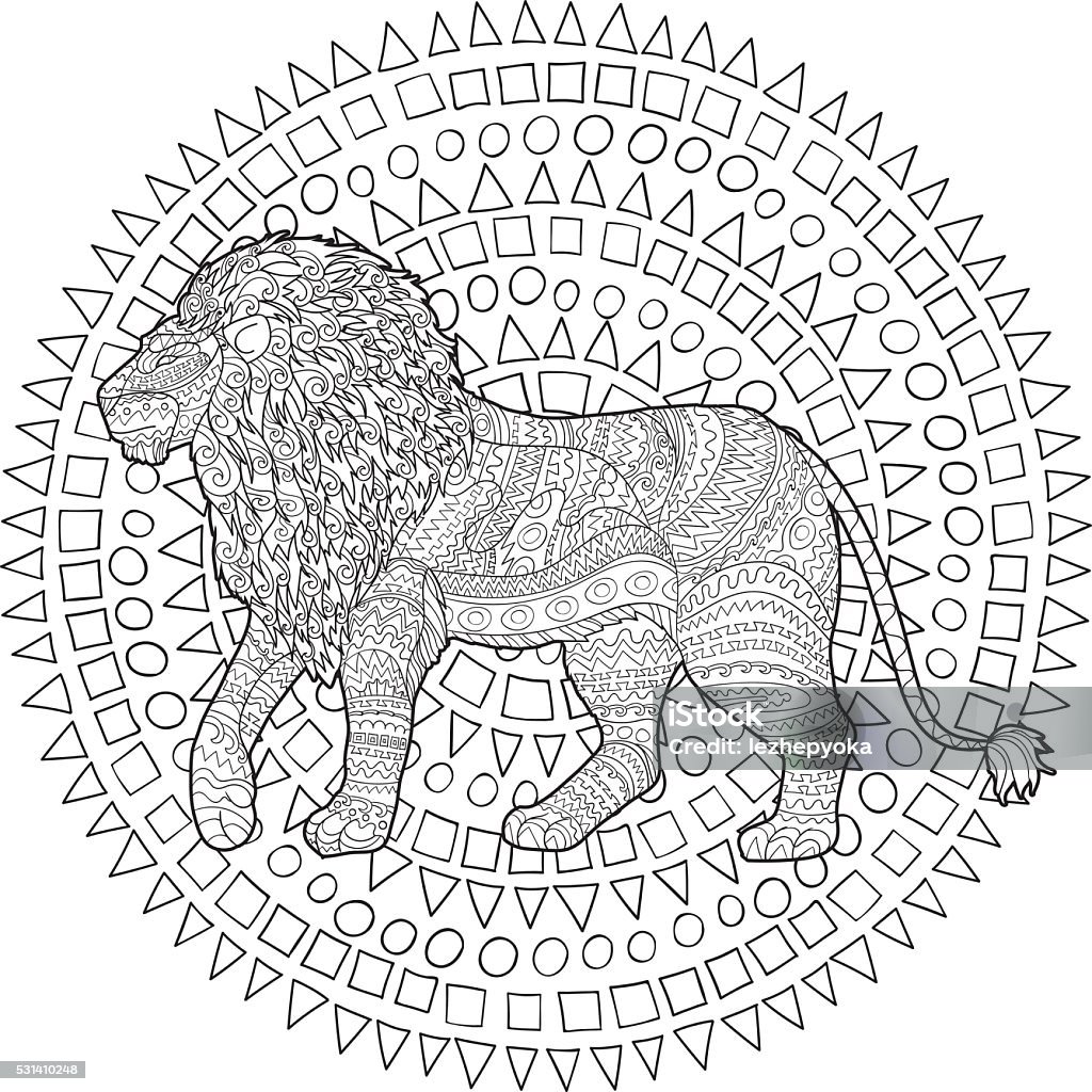 Adult coloring page for antistress with lion. Adult coloring page for antistress art therapy. Hand drawn lion in doodle style. doodle ornamental outline template for t-shirt, tattoo, poster or cover. Vector illustration. Abstract stock vector