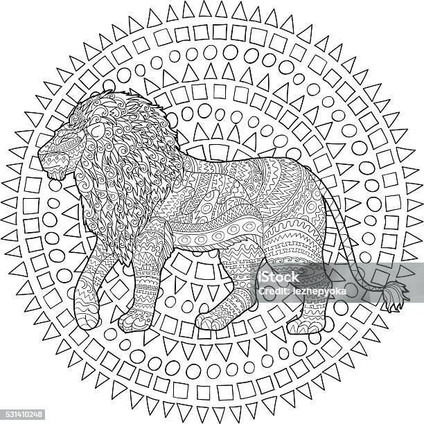 Adult Coloring Page For Antistress With Lion Stock Illustration - Download Image Now - Abstract, Adult, African Culture