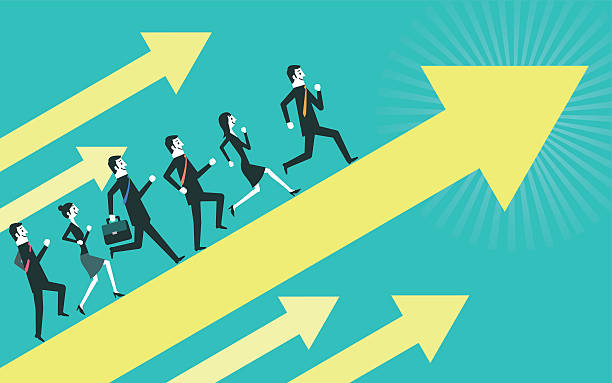 Business people run up on the arrow Business people run up on the arrow. straight talk stock illustrations