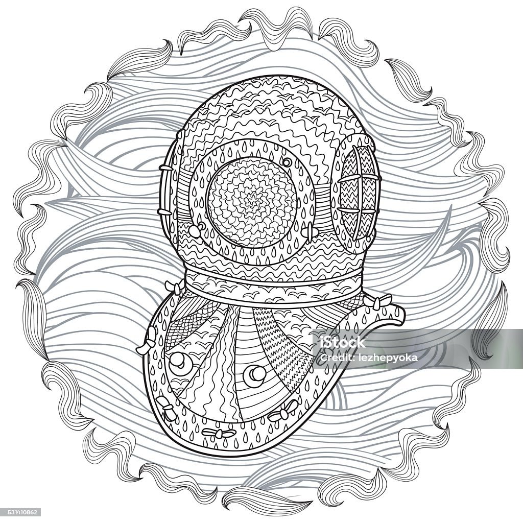 Antique divers helmet hand draw with high details. Antique divers helmet hand draw with high details. Sketch for tattoo, poster, print, t-shirt. Vector illustration Adult stock vector