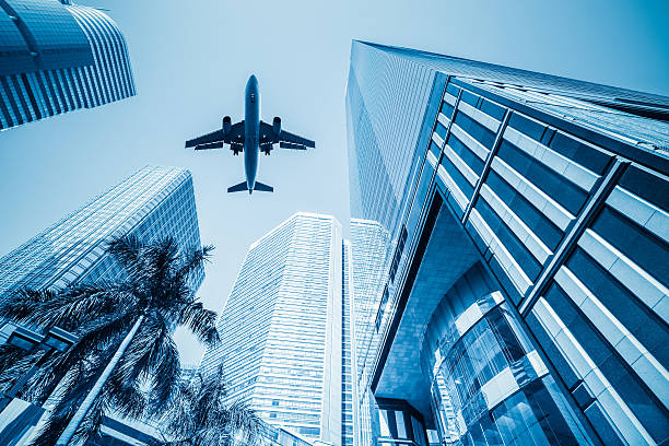 istock airplane and business buildings 531412375