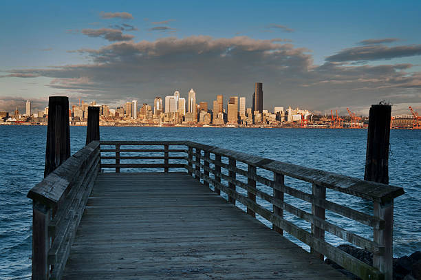 Seattle Skyline Old pilings frame a beautiful view of Seattle, Washington during a gorgeous winter sunset along Elliott Bay. elliott bay photos stock pictures, royalty-free photos & images
