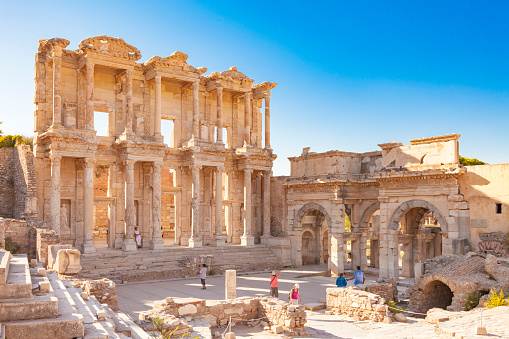 Aydin, Turkey - August 29, 2010: Many tourists visit the Library of Celsus , Ephesus , Kusadasi Turkey