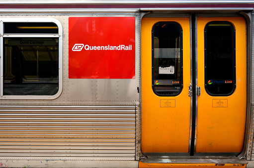 Brisbane, Australia - September 26, 2014: Queensland Rail train door. Queensland Rail have 48. 5 million customer journeys on the City network (south-east Queensland) per year