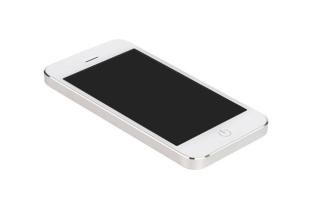 White modern smartphone with blank screen lies on the surface, isolated on white background. Whole image in focus, high quality.