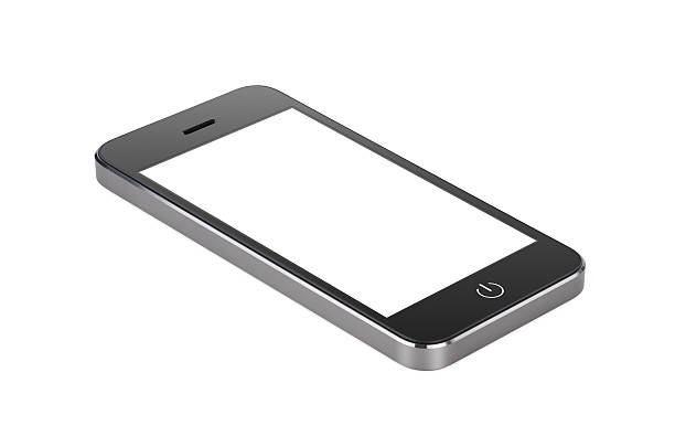 Black modern smartphone with blank screen lies on the surface, isolated on white background. Whole image in focus, high quality.