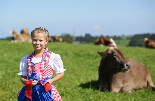 Smiling little girl with cow during Beer Fest in Germany