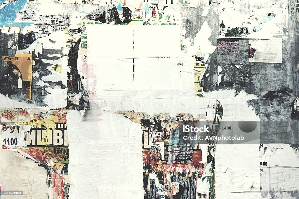 Old Urban Street Billboard With Torn Posters And Stickers Old Urban Street Billboard With Torn Posters And Stickers, Background Or Texture With Copy Space Grunge Image Technique Stock Photo