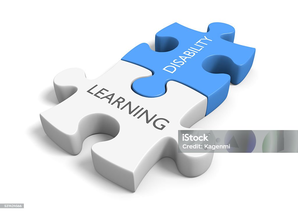 Two connected puzzle pieces with the words learning disability 3D render of two connected puzzle pieces with the words learning disability, representing differences in cognitive learning ability. Learning Difficulty Stock Photo