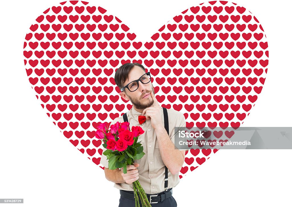 Composite image of geeky hipster offering roses Geeky hipster offering bunch of roses against valentines day pattern 20-29 Years Stock Photo