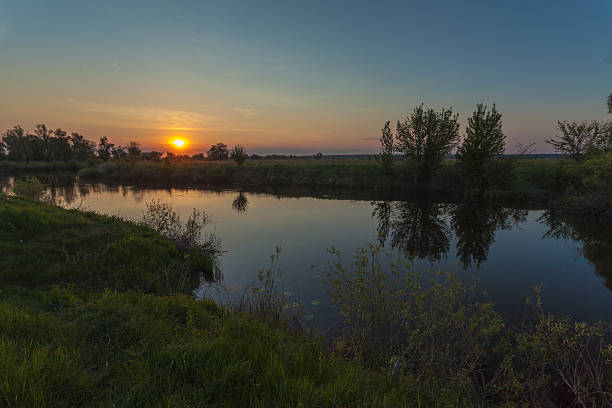 istock Reflection of trees on the shore at sunrise rays 531430967